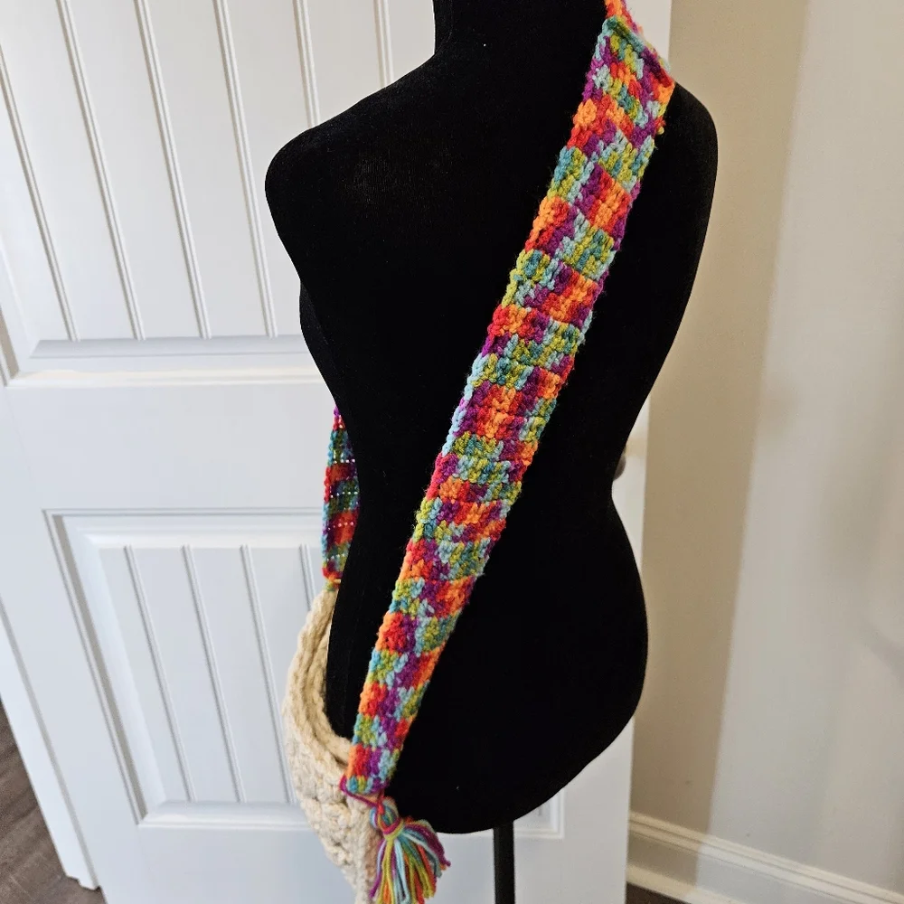 Festival Vintage Crochet Crossbody  Handbag Boho Off White Multicolor Strap - Picture 4 of 12